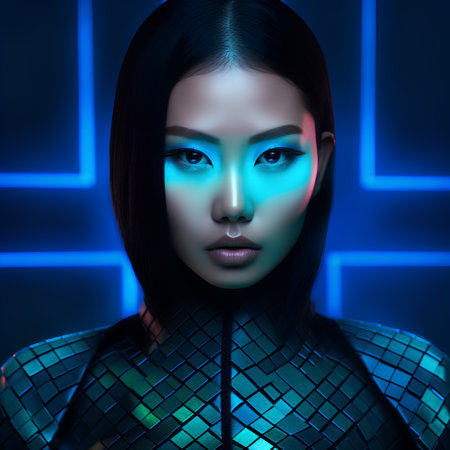 3d illustration of a beautiful girl in a futuristic costume with neon lights on her faceの素材