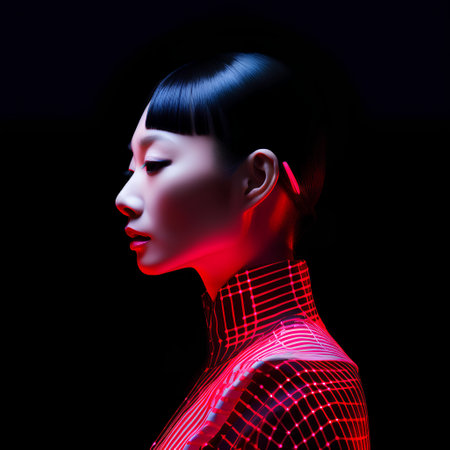 3d illustration. Portrait of a beautiful asian woman with red neon lights on her face.の素材