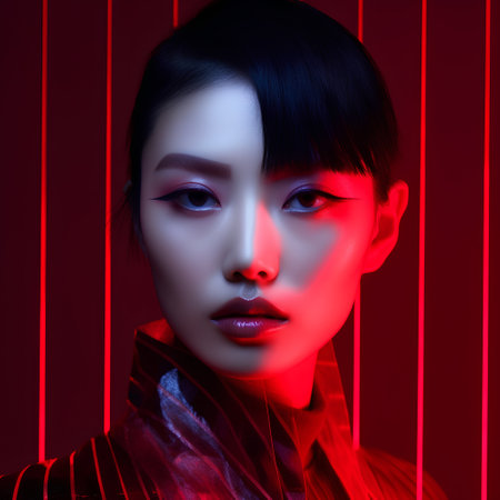 Portrait of a beautiful asian woman with red lips and dark hair.の素材