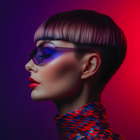Fashion portrait of a beautiful young woman with short pink hair and sunglasses. Studio shot.の素材