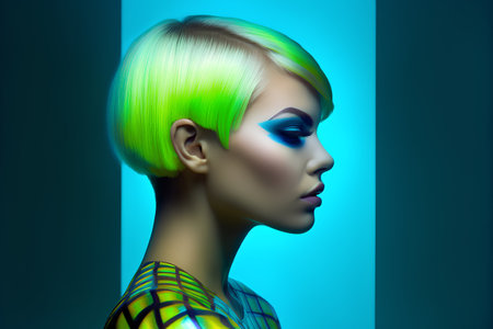 Fashion portrait of young beautiful woman with green hair on blue background.の素材