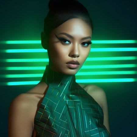 Fashion portrait of beautiful young asian woman with green scarf.の素材