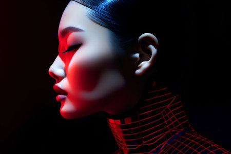 3D Illustration of a Female Face in Futuristic Style on Black Backgroundの素材
