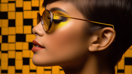Portrait of a beautiful young woman with yellow glasses. 3d renderingの素材