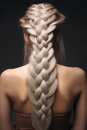 blond hair braided in a ponytail on a dark backgroundの素材
