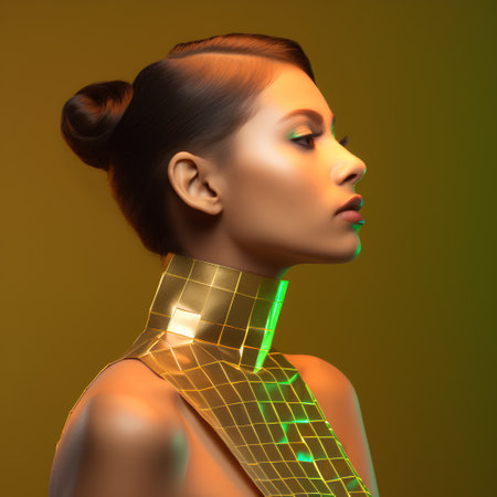 3d illustration of a beautiful woman with gold ribbon on her neckの素材