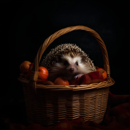 Hedgehog in a wicker basket with fruits on a black backgroundの素材