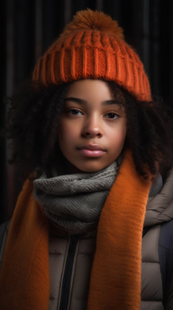 Beautiful african american woman in winter hat and scarf looking at cameraの素材