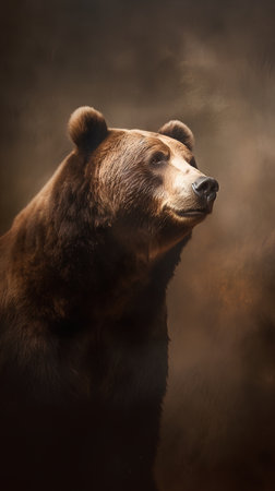 brown bear portrait in the studio on a dark brown background with smokeの素材