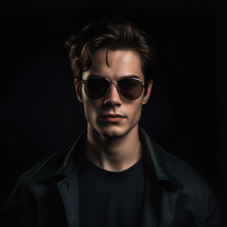 Portrait of a handsome young man in sunglasses on a black backgroundの素材