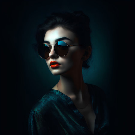 Fashion portrait of beautiful young woman with red lips in sunglasses.の素材