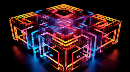 3D rendering of an abstract background with a glowing neon cube.の素材
