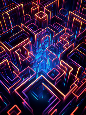 3d render, abstract background with glowing neon square maze, computer generated backdropの素材