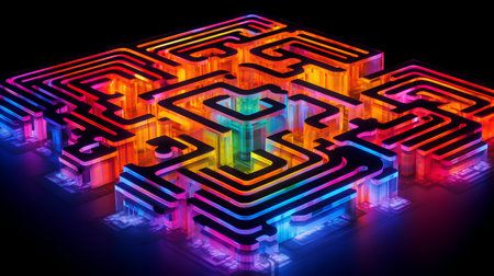 Futuristic glowing maze on a black background. 3d renderingの素材