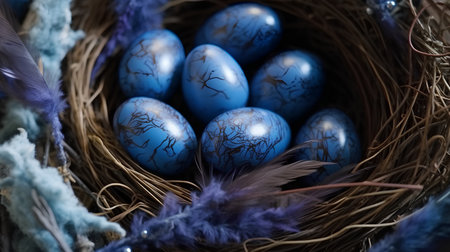 Blue easter eggs in nest with feathers on wooden background. Close up.の素材