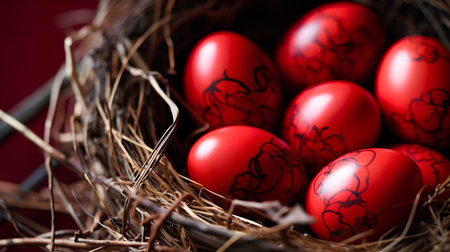 Easter eggs in a nest on a red background. Happy Easter.の素材