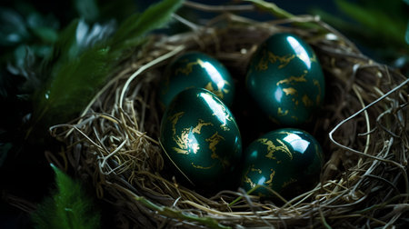 Easter eggs in a nest on a dark background. Toned.の素材