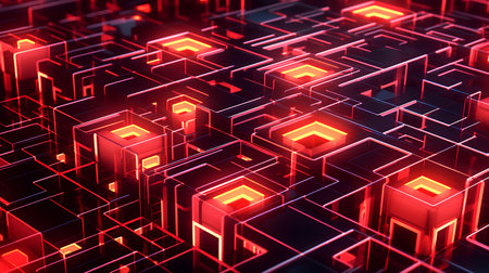 3d rendering of abstract digital technology background with neon glowing cubes.の素材
