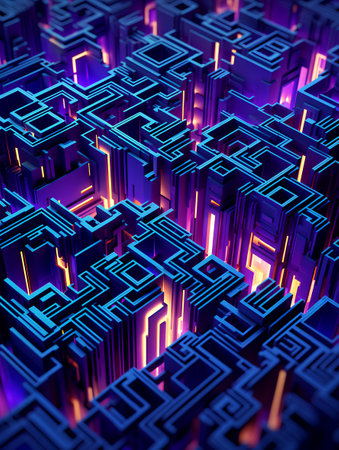 3d render, abstract background with glowing square maze. 3d illustrationの素材