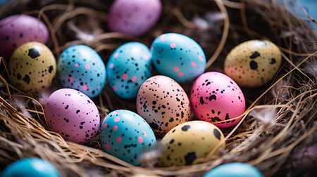 Colorful easter eggs in a nest on rustic wooden backgroundの素材