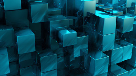 abstract 3d illustration of cubes in blue light, digital backgroundの素材