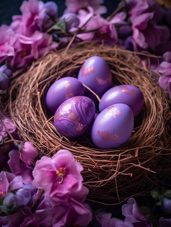 Easter eggs in a nest with spring flowers on a dark backgroundの素材