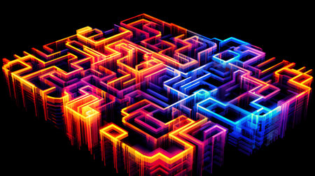 Glowing multicolored maze on black background. 3d renderingの素材