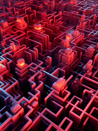 Abstract 3d rendering of chaotic red and blue maze. Digital background.の素材