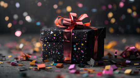 Gift box with bow and confetti on dark background with bokeh effectの素材