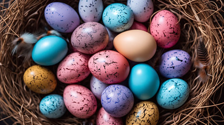 Easter eggs in nest. Colorful easter eggs background.の素材