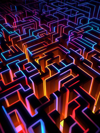 Abstract maze background. 3d render of labyrinth with glowing lines.の素材