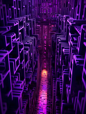 abstract 3d illustration of purple maze with glowing light, perspective viewの素材