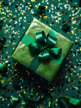 Green gift box with a bow on a green background with confettiの素材
