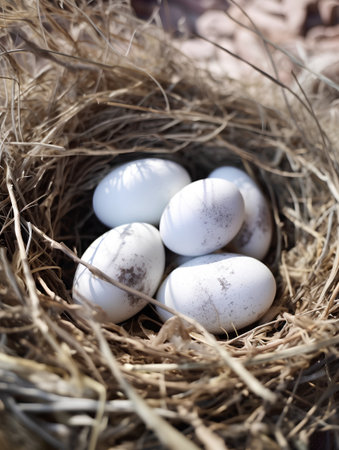 Nest with eggs on a wooden background. Selective focus.の素材