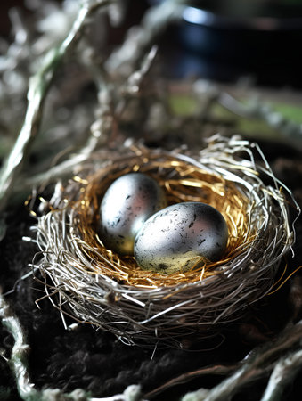 Easter eggs in a nest on a dark background. Selective focus.の素材