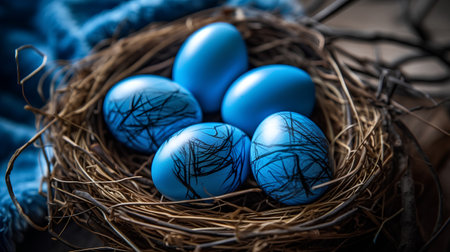 Blue easter eggs in nest on wooden background. Happy Easter.の素材