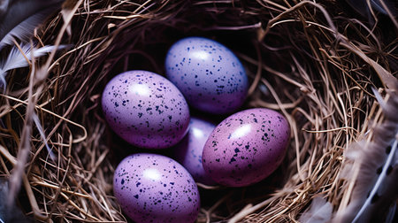 Easter eggs in a nest with feathers on a dark background.の素材