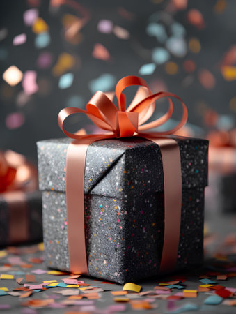 Gift box with ribbon and confetti on bokeh backgroundの素材