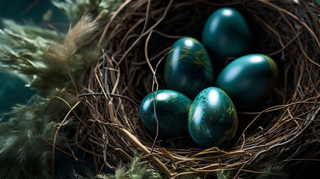 Easter eggs in a nest on a green background. Toned.の素材