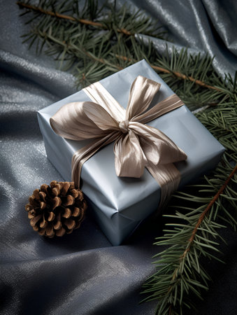 Christmas gift box with golden bow and pine cone on blue silk backgroundの素材