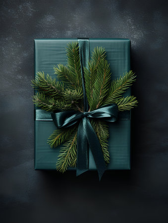 Christmas gift box with green ribbon and fir tree branches on dark backgroundの素材