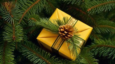 Yellow gift box with pine cone on the branches of Christmas tree.の素材