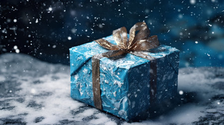 Blue gift box with golden bow and snowflakes on dark backgroundの素材