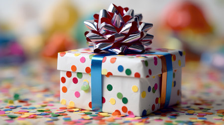 Gift box with a bow and confetti on a colorful backgroundの素材