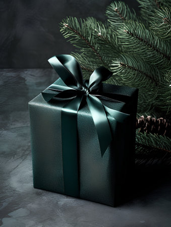Christmas gift box with green ribbon and fir tree branch on black backgroundの素材