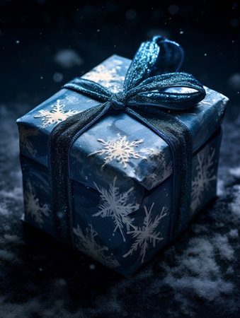 Gift box with blue bow and snowflakes on dark backgroundの素材