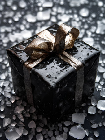 Black gift box with gold ribbon and water drops on black background.の素材