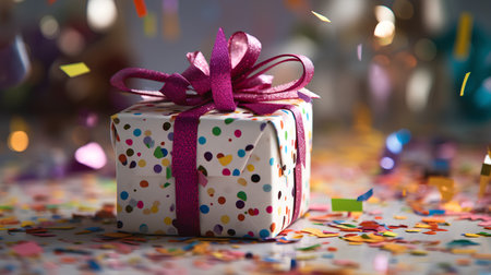 Gift box and confetti on bokeh background. 3d renderingの素材