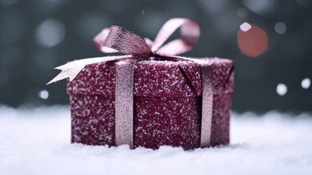 Christmas gift box on snow with bokeh background, retro tonedの素材