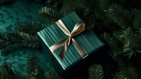 Christmas gift box with golden ribbon on a green background with fir branchesの素材